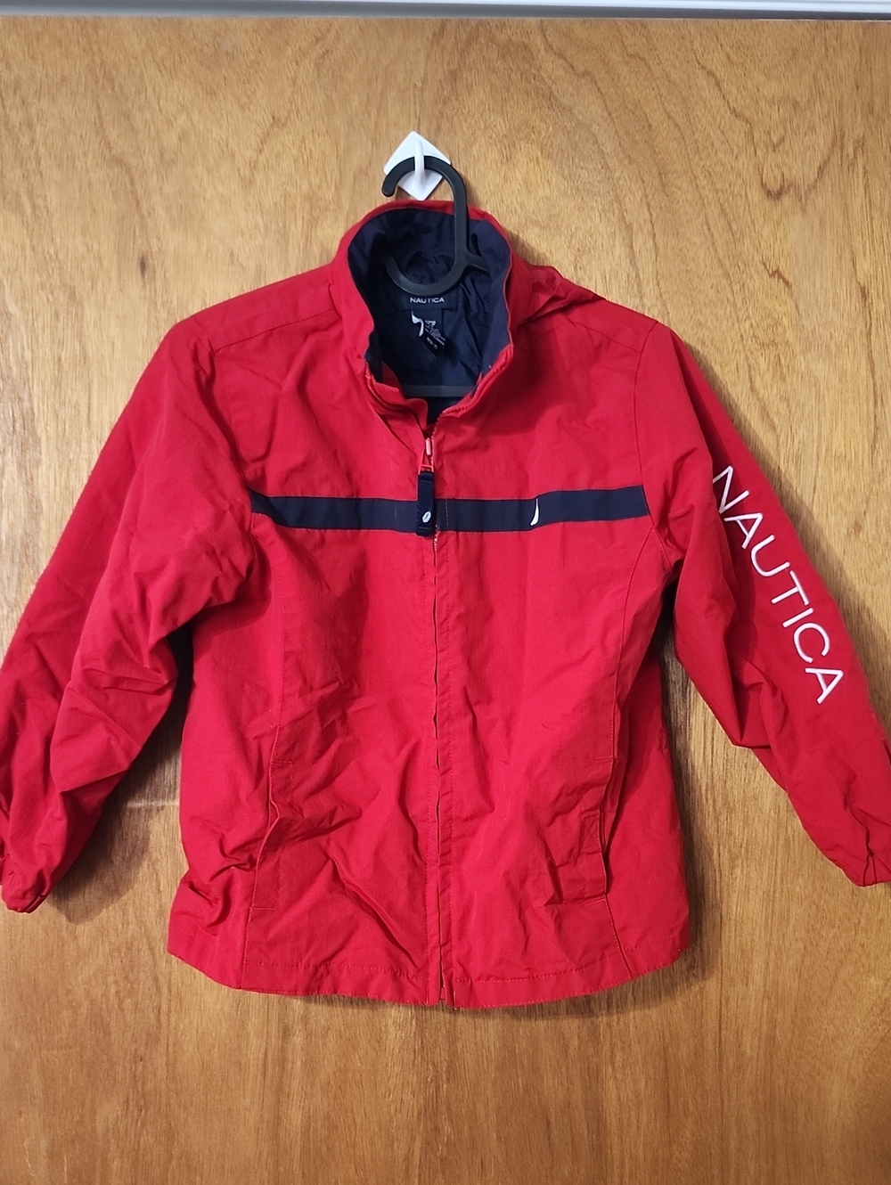 Nautica Red Boys Hooded Windbreaker with Navy Chest Stripe Size 6/7